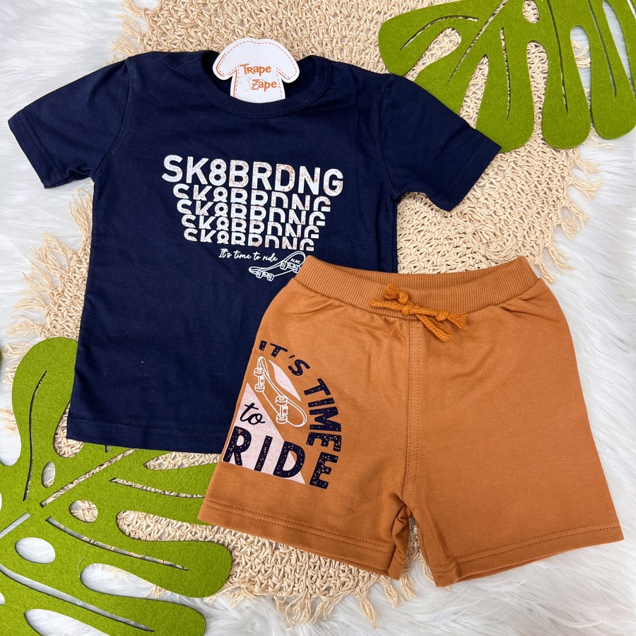 Conj. Blusa SK8BRDNG e Short em Moletinho - Azul Marinho e Ferrugem